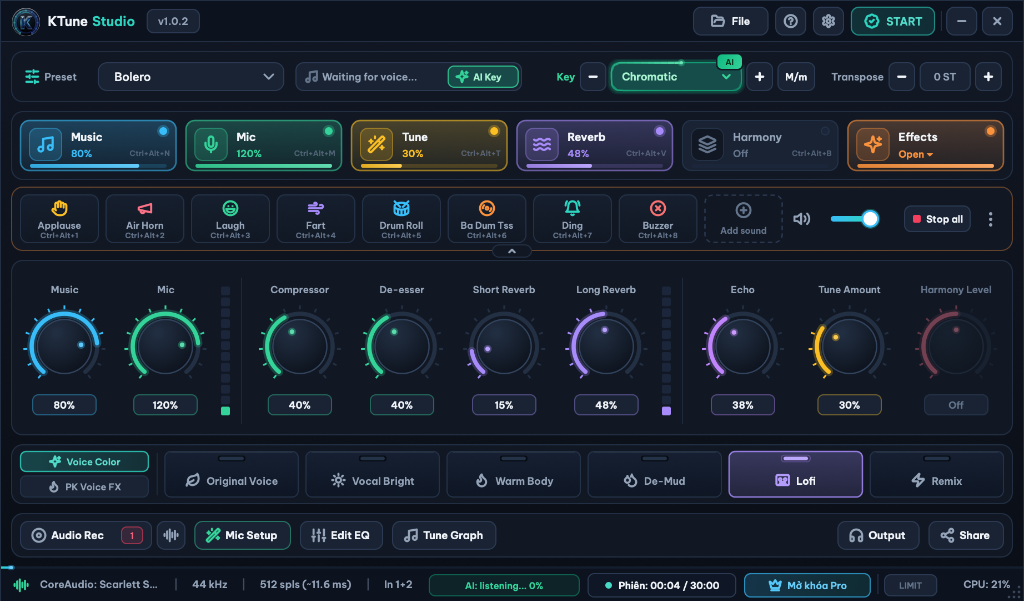 Giao diện phần mềm hát live miễn phí KTune Studio v1.0.2 với AI Key, 9 núm vặn DSP, Soundboard Livestream và Voice Color